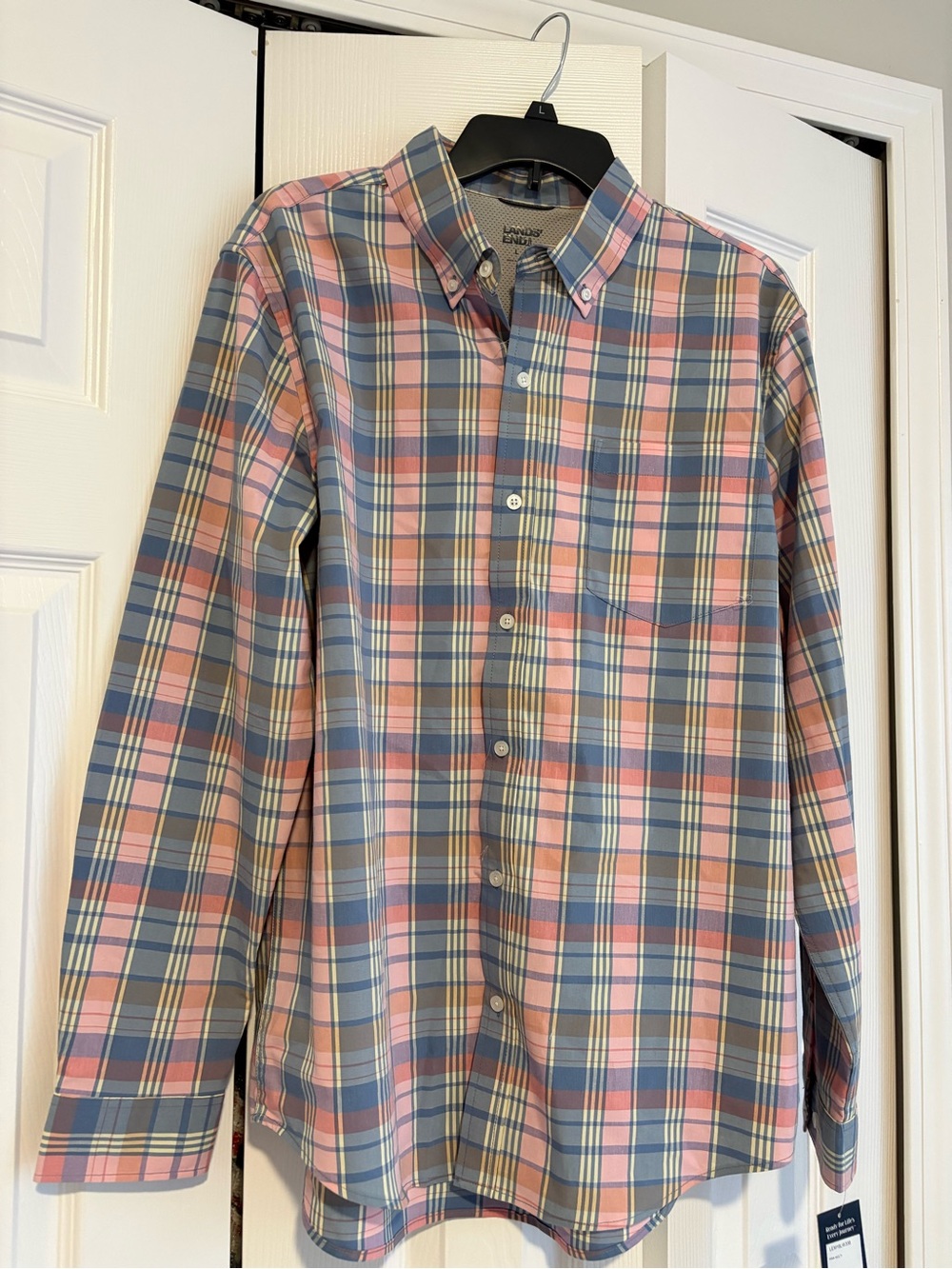 Lands' End Pink and Blue Plaid Button-Down Shirt